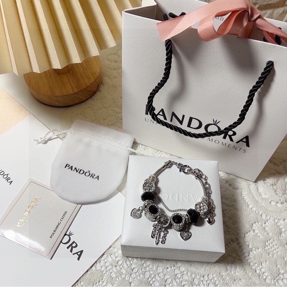 Pandora Silver Bracelet with Black Heart Charms - Picture 6 of 6